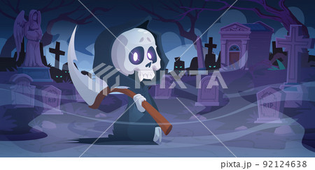 Grim reaper with scythe on night cemetery scene 92124638