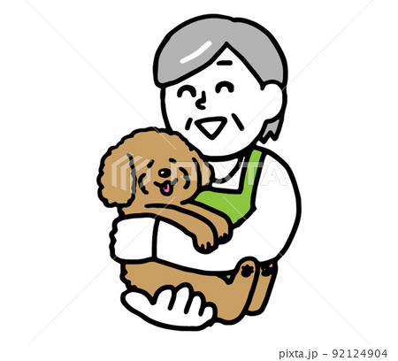 犬を抱っこするエプロン姿のシニア女性（シンプル） 92124904