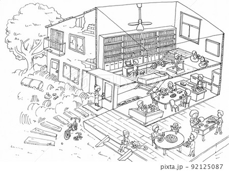 空き家を利活用してシェアハウスにリノベーションしたビフォーアフターの線画イラスト 92125087