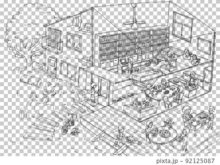 空き家を利活用してシェアハウスにリノベーションしたビフォーアフターの線画イラスト 92125087