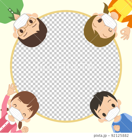 マスクをしている家族　イラスト　コピースペース　円形フレーム　枠　ベクター 92125882