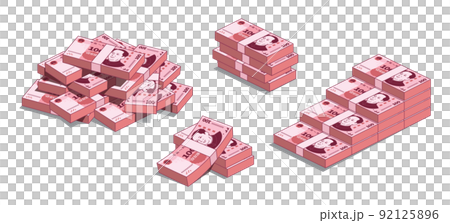 中國錢 100 元,各種形狀的錢堆的插圖。 中國錢 100 元,各種形狀的錢堆的插圖。 92125896