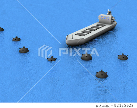 機雷によって封鎖された海路。機雷は船が通れないようにすき間なく並んでいる。 92125928