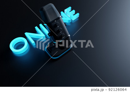 3d illustration, retro pink microphone with neon green signboard ONLINE on black background. Music award, karaoke, radio and recording studio sound equipment 3d illustration, retro pink microphone with neon green signboard ONLINE on black background. Music award, karaoke, radio and recording studio sound equipment 92126064
