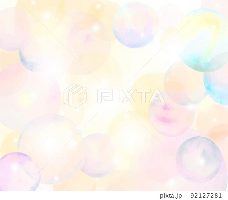 ポップで夢のある淡い虹色シャボン玉の抽象的な白バック手描き風背景素材 92127281
