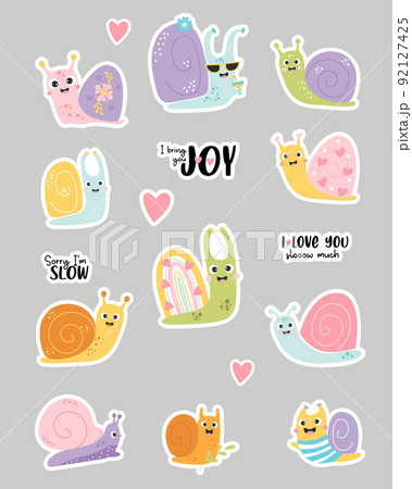 Set of vector stickers with cute snails and phrases. Funny insect characters snail sailor and in sun glasses with cocktail, with rainbow shell and hearts. Isolated elements for design, decor and print 92127425