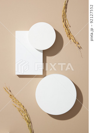 traditional food wheat and rice with white podium in light purple background for product advertising , traditional food content , top view traditional food wheat and rice with white podium in light purple background for product advertising , traditional food content , top view 92127552