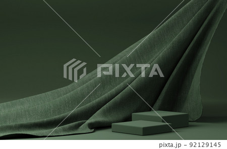 Dark green podium with green flying fabric, cloth background 92129145