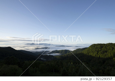 夏の早朝の美ヶ原高原より、蓼科山、八ヶ岳方面を望む 92129357
