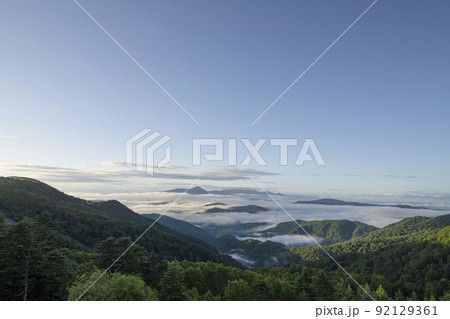 夏の早朝の美ヶ原高原より、蓼科山、八ヶ岳方面を望む 92129361