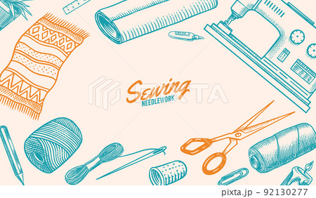 DIY Background. Hardware Shop concept. Glue, wood planks, sewing machine. Tools or instruments for 92130277