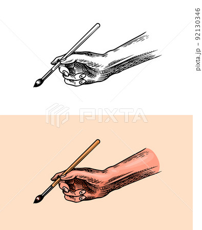 Hand holding paintbrush. Art process or Drawing, handwriting. Vintage ink style. Vector illustration 92130346