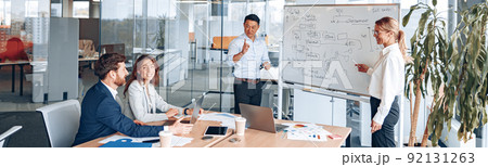 Asian man and woman conducts a meeting for employees near a flipchart and explains the work strategy Asian man and woman conducts a meeting for employees near a flipchart and explains the work strategy 92131263