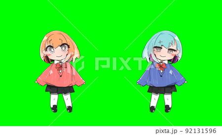 少女 キャラクター 萌え 女子高生 デフォルメ 緑背景 別verあり のイラスト素材