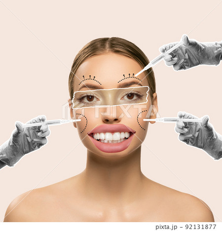 Contemporary art collage. Young woman taking care after face with cosmetological injections. Face lifting, lip augmentation 92131877