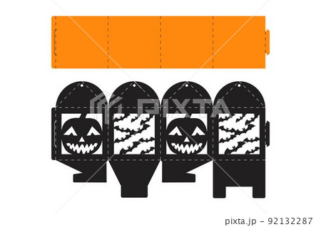 Halloween treat box with scary pumpkin. Jack-o-lantern facial gift party packaging for sweet, candies, small present, bakery. Simple package die cut template for laser cut. Vector stock illustration Halloween treat box with scary pumpkin. Jack-o-lantern facial gift party packaging for sweet, candies, small present, bakery. Simple package die cut template for laser cut. Vector stock illustration 92132287