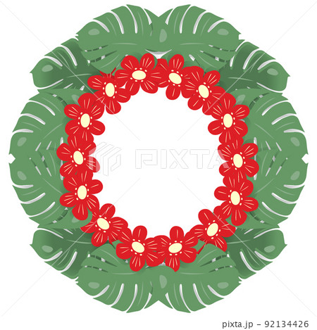 Circle frame with an abstract image of monstera leaves and flowers. Copyspace. Template. Lifestyle. Circle frame with an abstract image of monstera leaves and flowers. Copyspace. Template. Lifestyle. 92134426