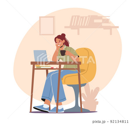 Relaxed Woman Freelancer Character Working on Laptop Sitting at Desk with Cup of Coffee in Hand. Freelance Occupation 92134811
