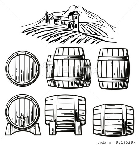 Wooden barrel set and rural landscape with villa, vineyard fields, hills, mountains. Black and white vintage vector illustration for label, poster, web, icon. 92135297