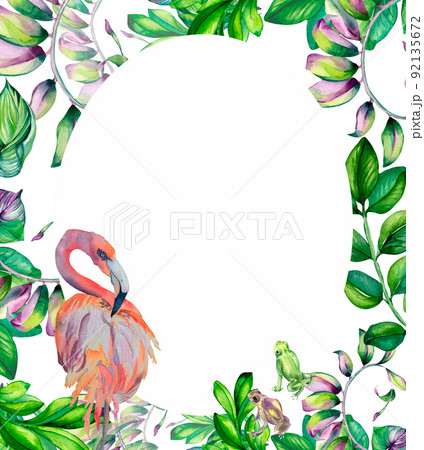Frame of bent branch, multicolor leaves, flamingo watercolor illustration on white. Frame of bent branch, multicolor leaves, flamingo watercolor illustration on white. 92135672