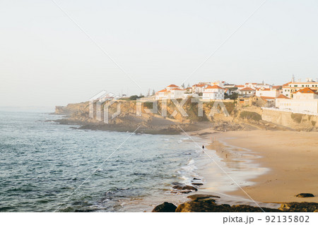 Praia das Macas Apple Beach in Colares, Portugal, on a stormy day before sunset 92135802