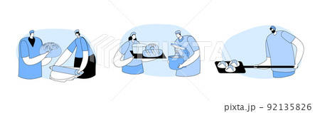 Bakery Factory and Food Production Modern Manufacture Concept. Bakers Characters with Bread, Bakehouse Workers Bakery Factory and Food Production Modern Manufacture Concept. Bakers Characters with Bread, Bakehouse Workers 92135826