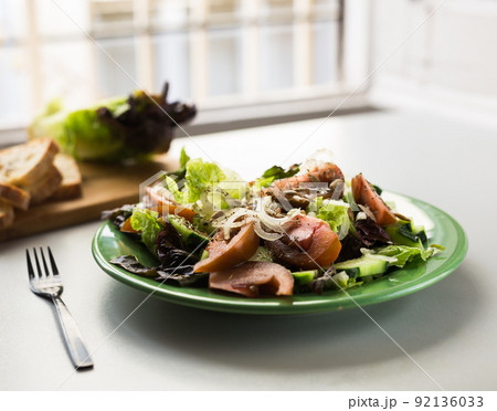 vegetable salad of greens, tomatoes and cucumbers on a green plate vegetable salad of greens, tomatoes and cucumbers on a green plate 92136033