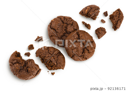 chocolate cookies broken isolated on white background with full depth of field. Top view. Flat lay 92136171