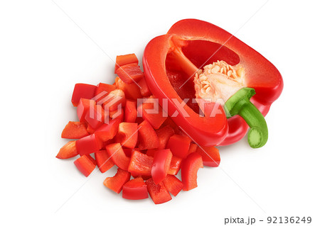 diced of red sweet bell pepper isolated on white background. Top view. Flat lay 92136249