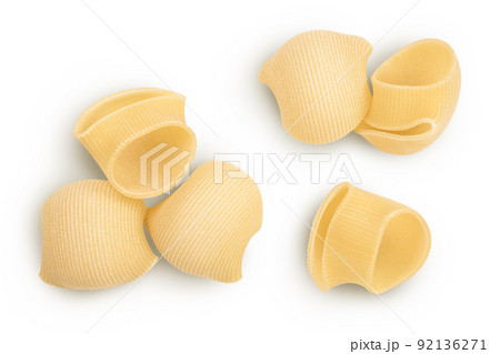 lumaconi pasta isolated on white background with full depth of field. Top view. Flat lay 92136271