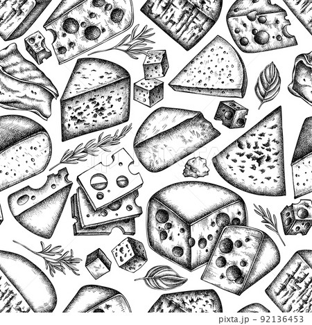 Cheese seamless pattern background design. Engraved style. Hand drawn brie, gouda cheese, roquefort, etc. 92136453