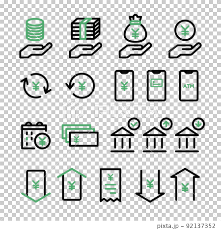 Icon set for money, banknotes, coins, payments, investments, accounting, currencies, e-commerce, households, and finance Icon set for money, banknotes, coins, payments, investments, accounting, currencies, e-commerce, households, and finance 92137352
