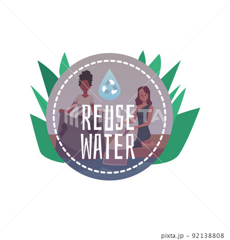 Reuse water sticker with sad women washing clothes in pond, flat vector illustration isolated on white background. Reuse water sticker with sad women washing clothes in pond, flat vector illustration isolated on white background. 92138808