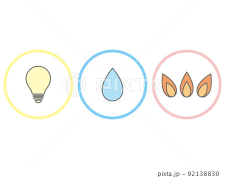 ライフラインの電気ガス水道アイコンイラストセット 92138830