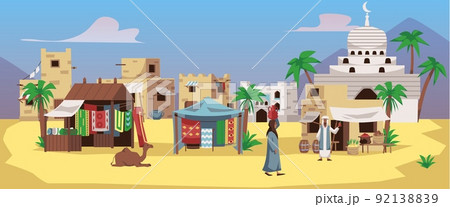 Arabian cityscape with stalls and tents in the market, flat vector illustration. 92138839