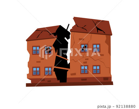 Ruined two-story brick house with hole in middle flat style 92138880