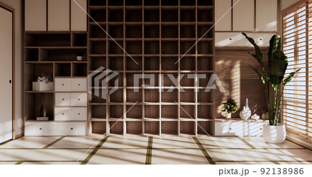 Box Wall Shelves on living room japanese style, tatami mat and decoration lamp and plants on white zen room.3D rendering Box Wall Shelves on living room japanese style, tatami mat and decoration lamp and plants on white zen room.3D rendering 92138986