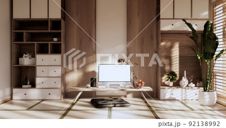 Living room interior on tatami mat floor, computer on low table and pillow.3D rendering Living room interior on tatami mat floor, computer on low table and pillow.3D rendering 92138992