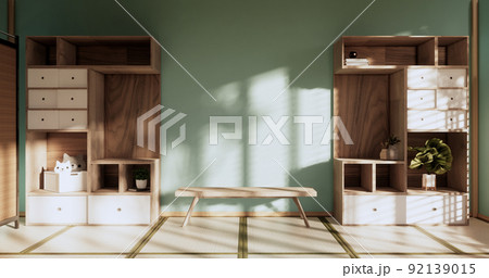 Box Wall Shelves on living room japanese style, tatami mat and decoration lamp and plants on mint zen room.3D rendering Box Wall Shelves on living room japanese style, tatami mat and decoration lamp and plants on mint zen room.3D rendering 92139015
