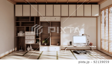Living room interior on tatami mat floor, computer on low table and pillow.3D rendering 92139059