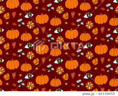Retro 70s autumn vibe, hippie psychedelic groovy pattern. Cartoon funky autumn texture. vector illustration. 92139455