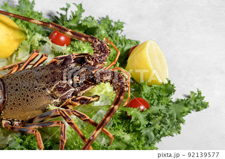 Fresh spiny lobster or sea crayfish with salad, tomatoes and lemon, preparation for cooking common Mediterranean lobster Fresh spiny lobster or sea crayfish with salad, tomatoes and lemon, preparation for cooking common Mediterranean lobster 92139577
