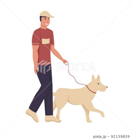 A young man walks with a dog on the street. Flat vector illustration. 92139839