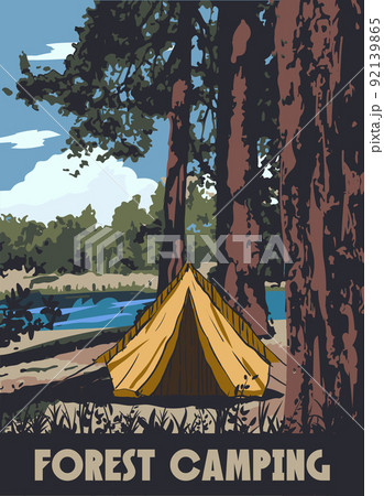 Forest Camping poster retro, camping outdoor travel. Tourism hiking summer forest, vector iluustration 92139865