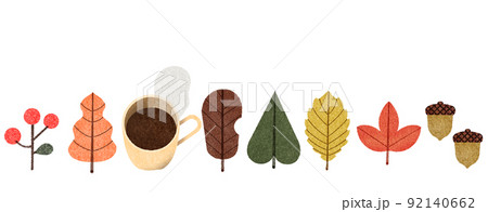 秋の落ち葉や紅葉、どんぐり、木の実、コーヒーのイラスト飾り罫線。 秋の落ち葉や紅葉、どんぐり、木の実、コーヒーのイラスト飾り罫線。 92140662