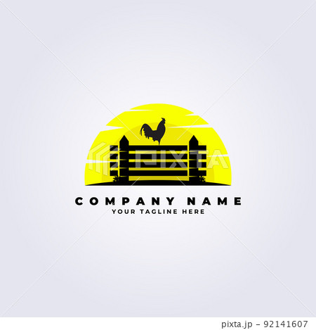 Farm fresh rooster logo vector illustration design, vintage sunrise fence Farm fresh rooster logo vector illustration design, vintage sunrise fence 92141607