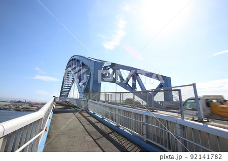 千歳橋　大正区　大阪市内風景　大正内港艀桟橋　倉庫　資材置き場　昭和山　トラス建築　大阪湾風景 92141782