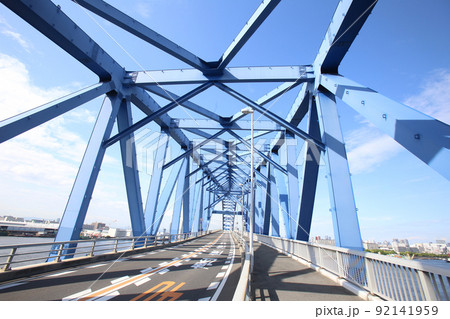 千歳橋　大正区　大阪市内風景　大正内港艀桟橋　倉庫　資材置き場　昭和山　トラス建築　大阪湾風景 92141959