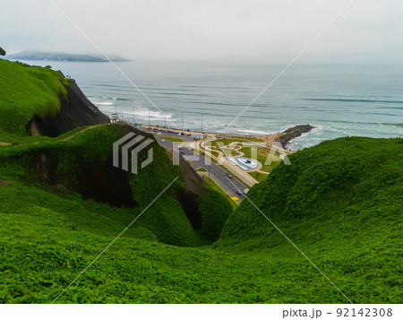 Lima, Peru: Miraflores district coastline, cliffs and seascape 92142308