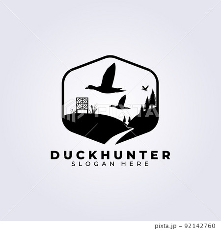 Duck hunt logo vector template illustration design, duck hunter vintage logo , pine tree logo Duck hunt logo vector template illustration design, duck hunter vintage logo , pine tree logo 92142760